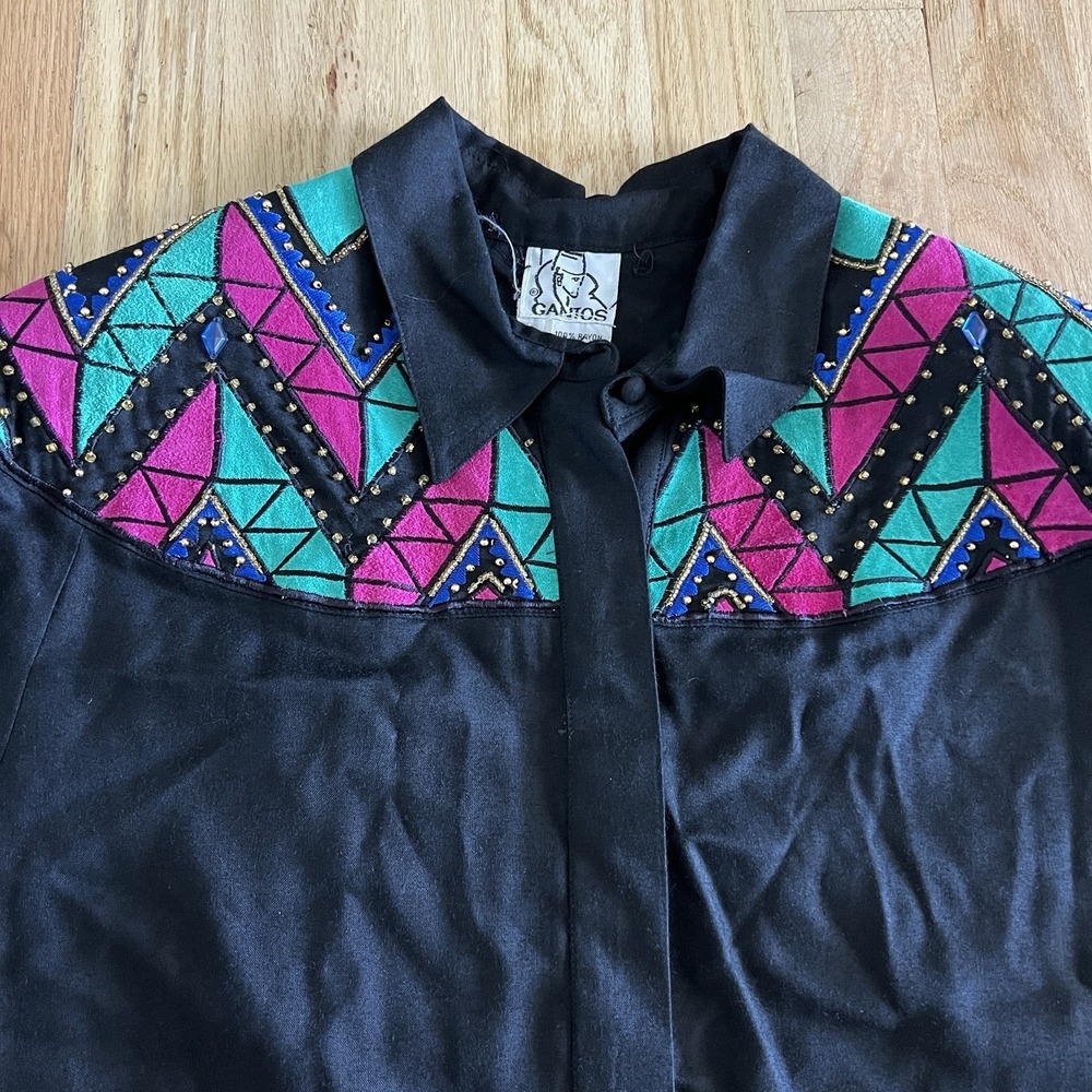Vintage Suede Rayon Western Blouse Studded Geometric Embroidered Black‎ Top sz 8